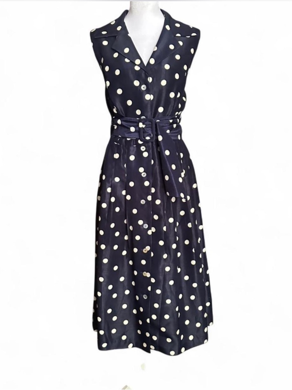 Sleeveless Navy Polka Dot Belted Midi Shirt Dress